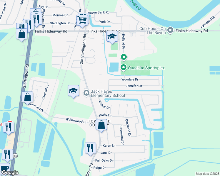 map of restaurants, bars, coffee shops, grocery stores, and more near 101 Jennifer Lane in Monroe