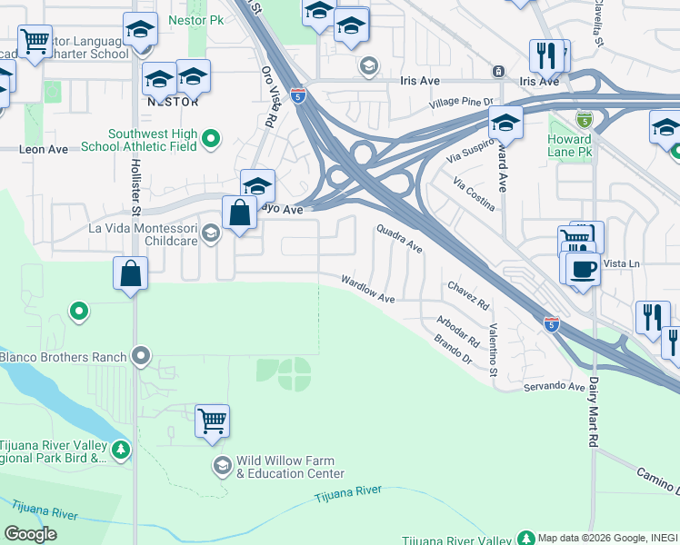 map of restaurants, bars, coffee shops, grocery stores, and more near 2742 Wardlow Avenue in San Diego