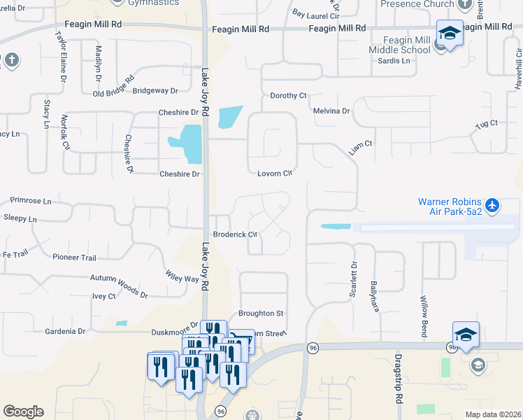 map of restaurants, bars, coffee shops, grocery stores, and more near 102 Ela Court in Warner Robins