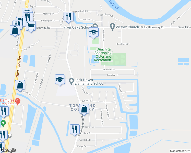 map of restaurants, bars, coffee shops, grocery stores, and more near 104 Jennifer Lane in Monroe