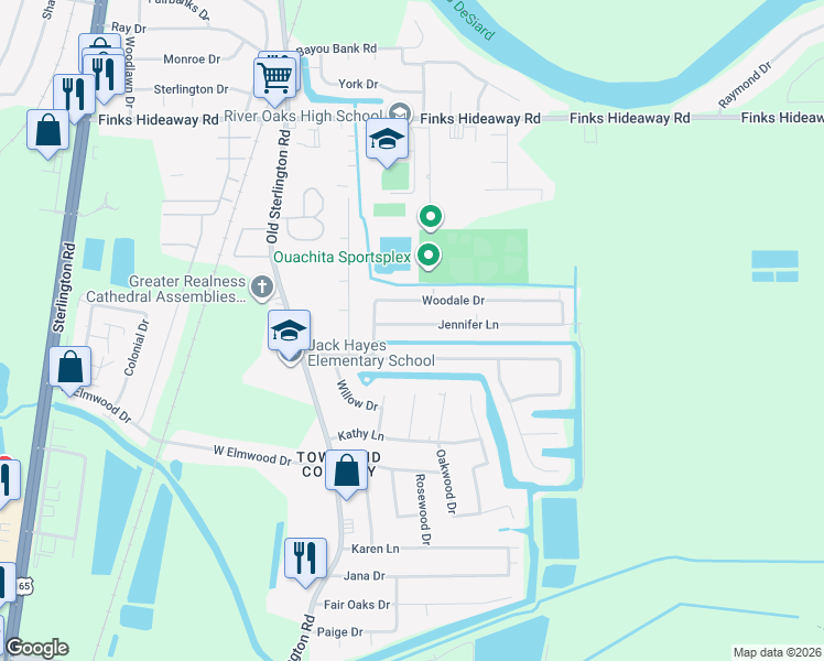 map of restaurants, bars, coffee shops, grocery stores, and more near 110 Jennifer Lane in Monroe