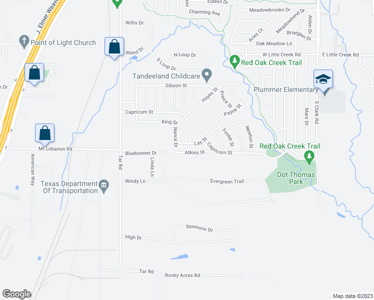 map of restaurants, bars, coffee shops, grocery stores, and more near 1437 Atkins Street in Cedar Hill