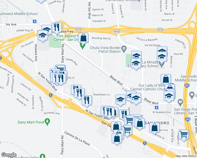 map of restaurants, bars, coffee shops, grocery stores, and more near 3509 Vista Lane in San Diego