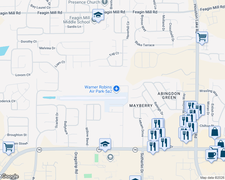 map of restaurants, bars, coffee shops, grocery stores, and more near 125 Air Park Drive in Warner Robins