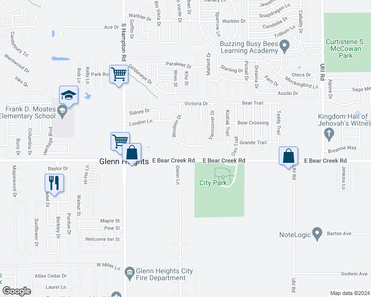 map of restaurants, bars, coffee shops, grocery stores, and more near 302 Winnipeg Drive in Glenn Heights