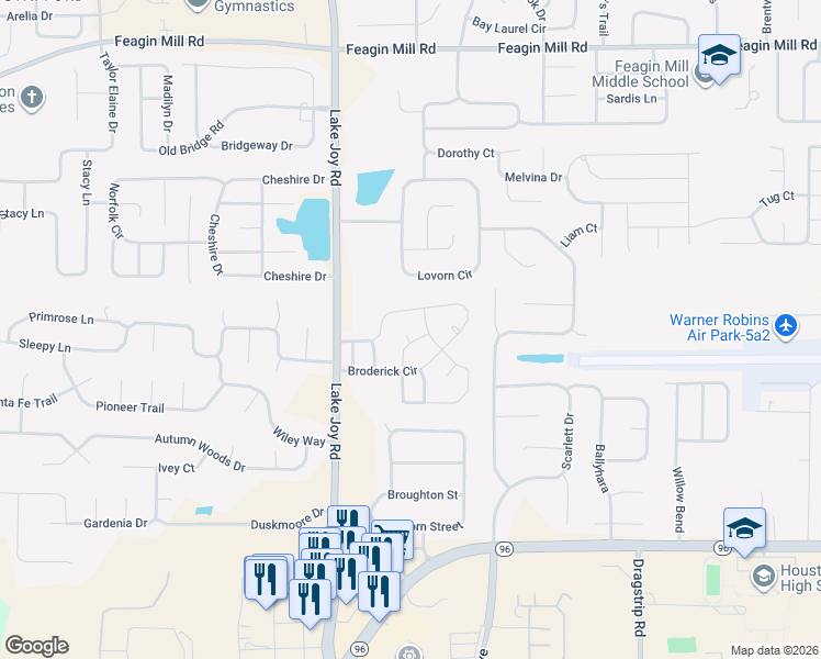 map of restaurants, bars, coffee shops, grocery stores, and more near 102 Ela Court in Warner Robins