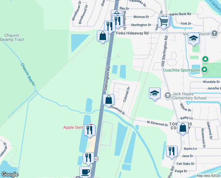 map of restaurants, bars, coffee shops, grocery stores, and more near 70 Colonial Drive in Monroe