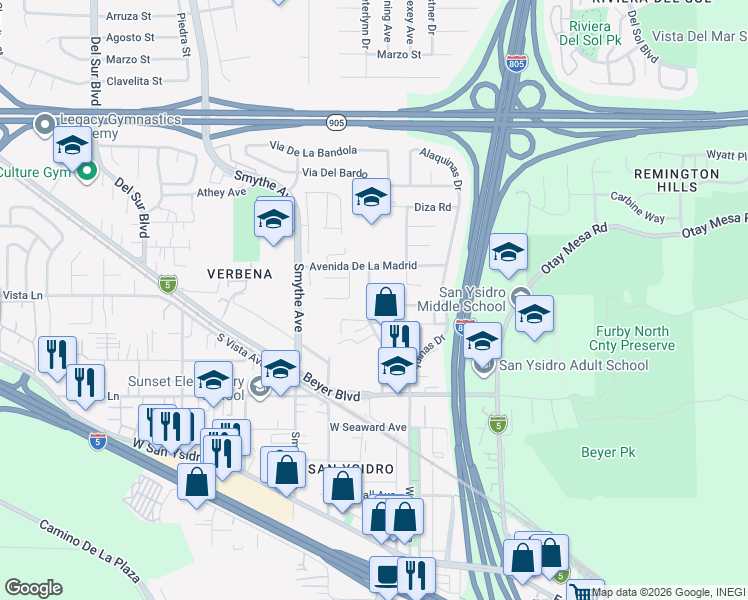 map of restaurants, bars, coffee shops, grocery stores, and more near 1874 Avenida De La Cruz in San Diego