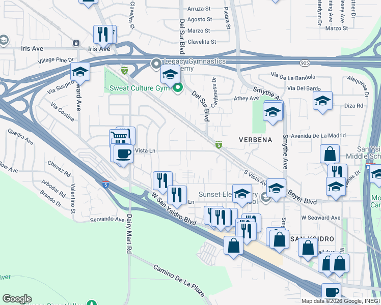 map of restaurants, bars, coffee shops, grocery stores, and more near 3494 Vista Lane in San Diego