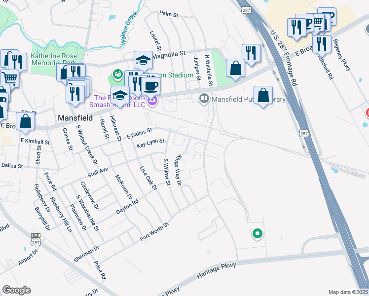 map of restaurants, bars, coffee shops, grocery stores, and more near 303 Kings Way Drive in Mansfield