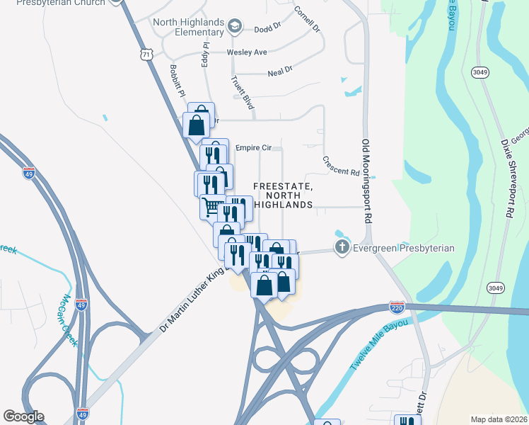 map of restaurants, bars, coffee shops, grocery stores, and more near 909 Deer Park Rd in Shreveport