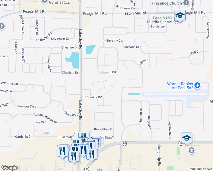 map of restaurants, bars, coffee shops, grocery stores, and more near 734 Lake Joy Road in Warner Robins