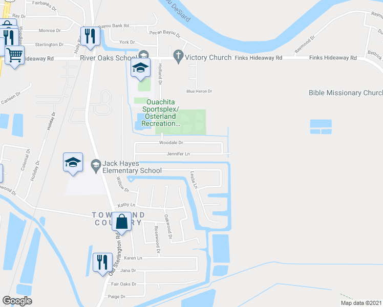 map of restaurants, bars, coffee shops, grocery stores, and more near 131 Jennifer Drive in Monroe