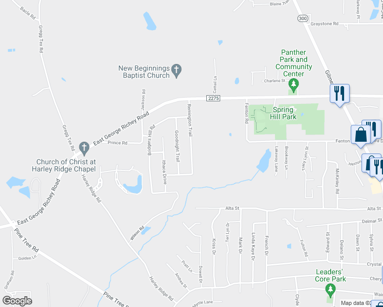 map of restaurants, bars, coffee shops, grocery stores, and more near 215 Remington Trail in Longview