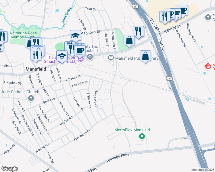 map of restaurants, bars, coffee shops, grocery stores, and more near 300 South Wisteria Street in Mansfield