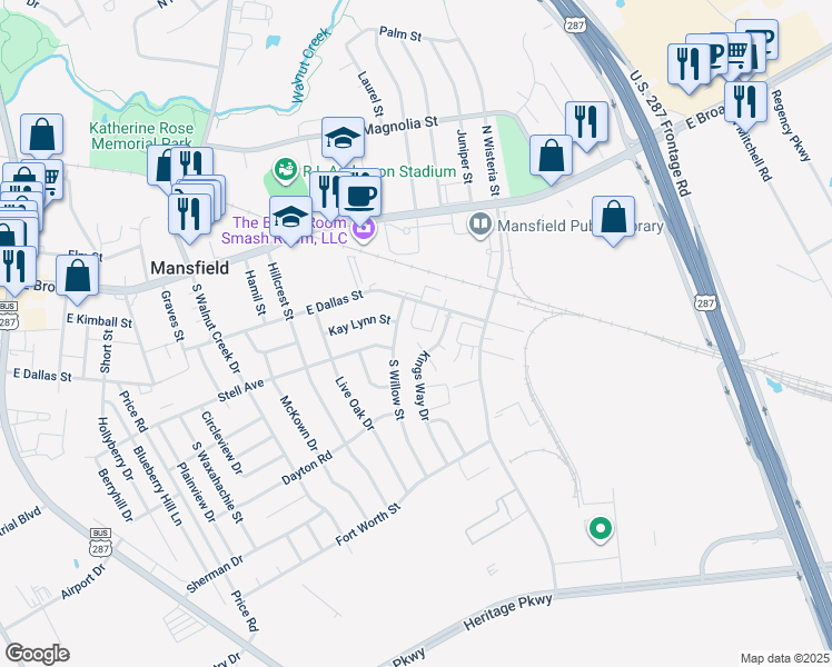 map of restaurants, bars, coffee shops, grocery stores, and more near 1300 East Dallas Street in Mansfield