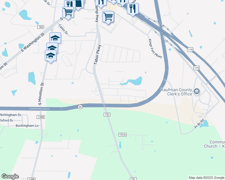 map of restaurants, bars, coffee shops, grocery stores, and more near 4027 Three Forks Road in Kaufman