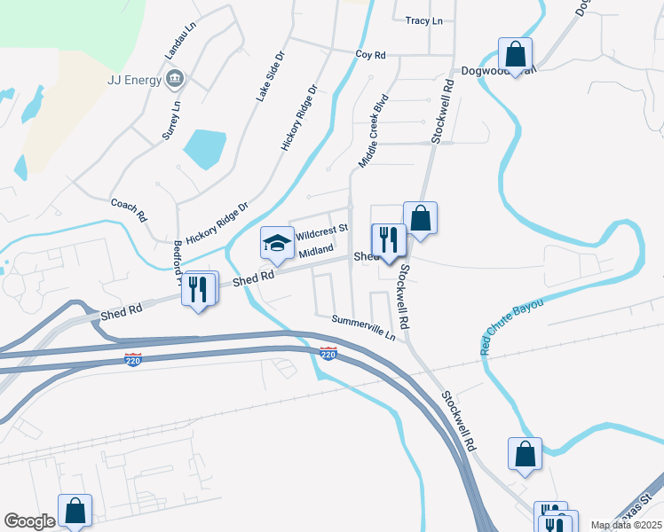 map of restaurants, bars, coffee shops, grocery stores, and more near 6009 Sandalwood Drive in Bossier City