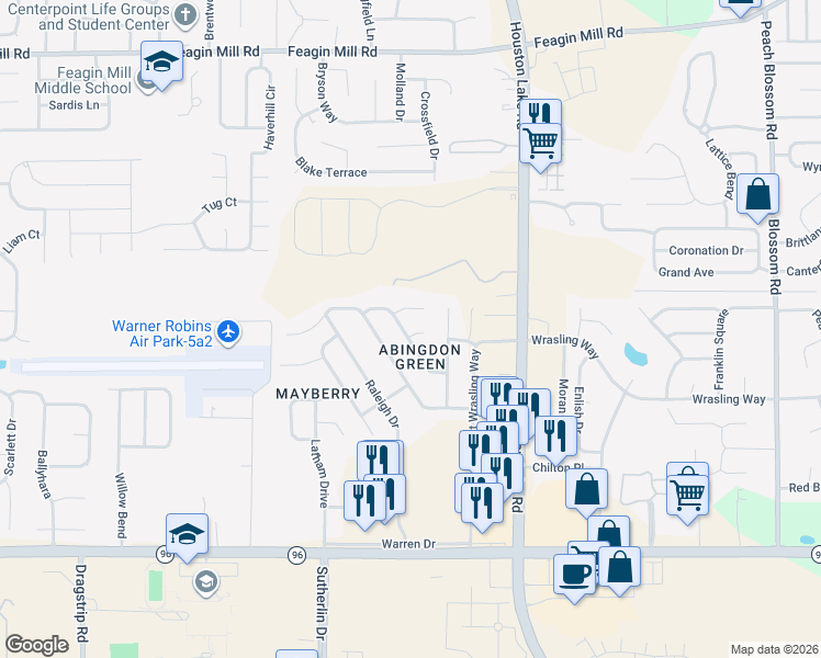 map of restaurants, bars, coffee shops, grocery stores, and more near 205 Margeson Drive in Warner Robins