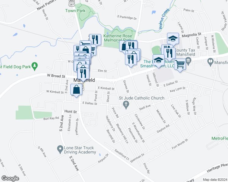 map of restaurants, bars, coffee shops, grocery stores, and more near 200 South Waxahachie Street in Mansfield