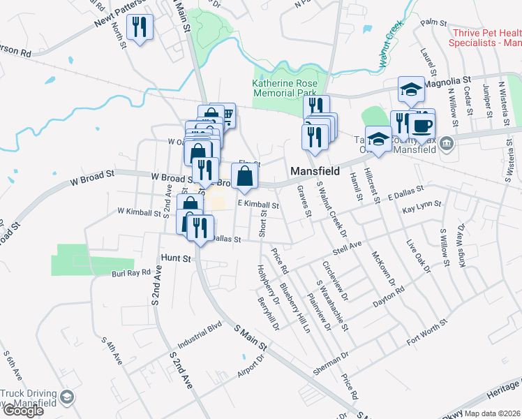 map of restaurants, bars, coffee shops, grocery stores, and more near 408 East Kimball Street in Mansfield