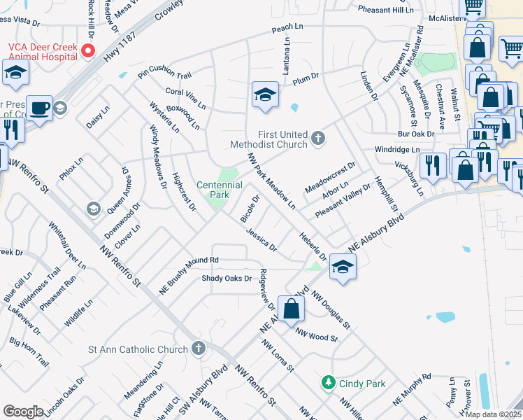 map of restaurants, bars, coffee shops, grocery stores, and more near 320 Bicole Drive in Burleson