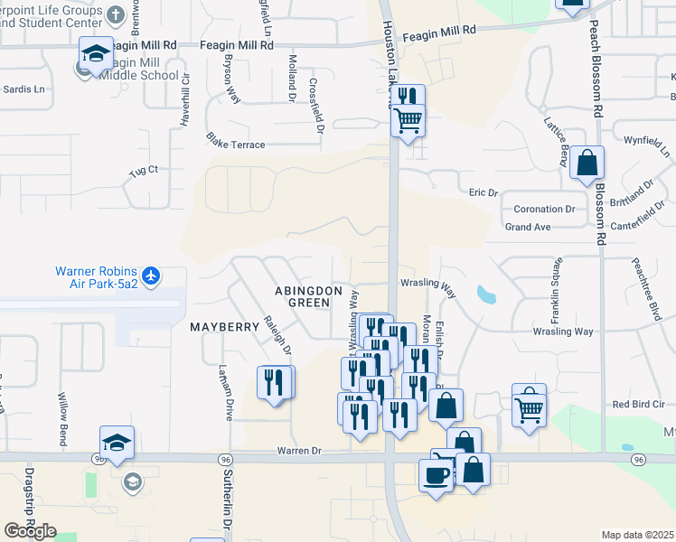 map of restaurants, bars, coffee shops, grocery stores, and more near 302 Carver Court in Warner Robins