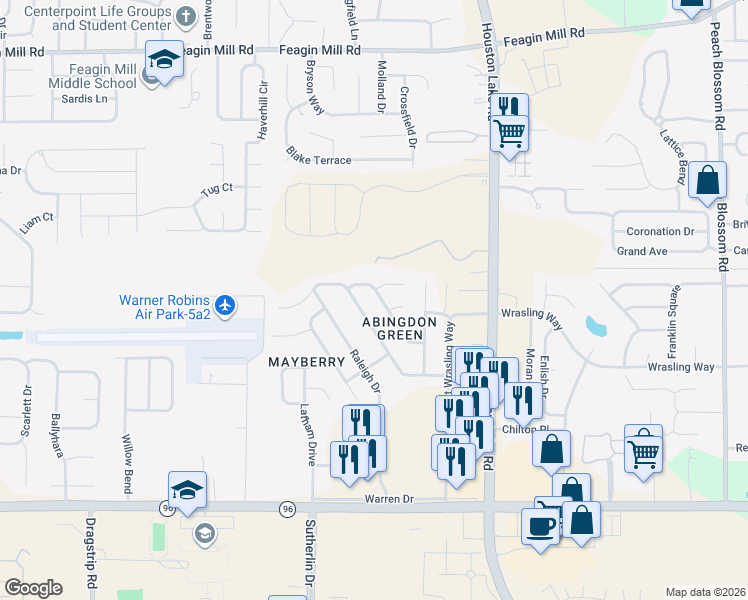 map of restaurants, bars, coffee shops, grocery stores, and more near 205 Margeson Drive in Warner Robins