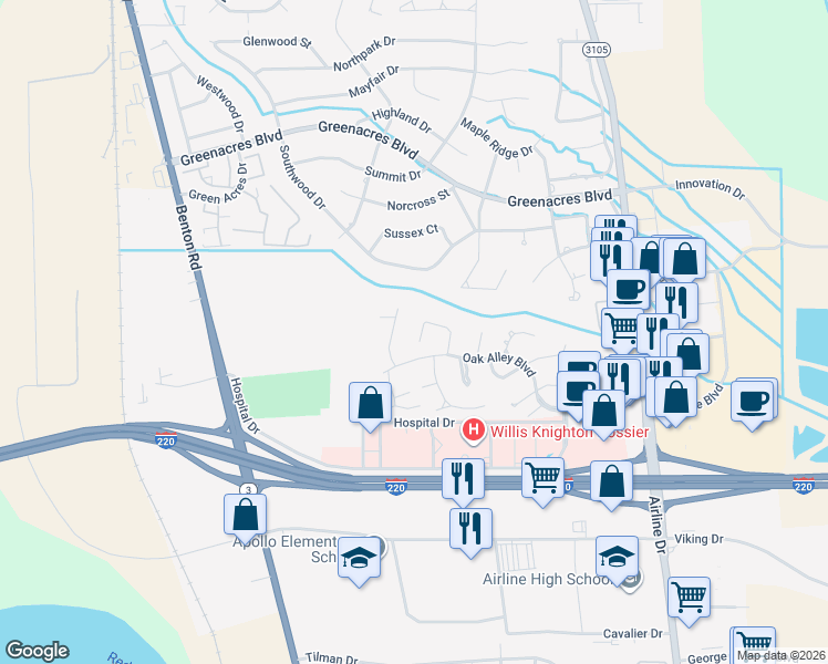 map of restaurants, bars, coffee shops, grocery stores, and more near 225 Evangeline Walk in Bossier City