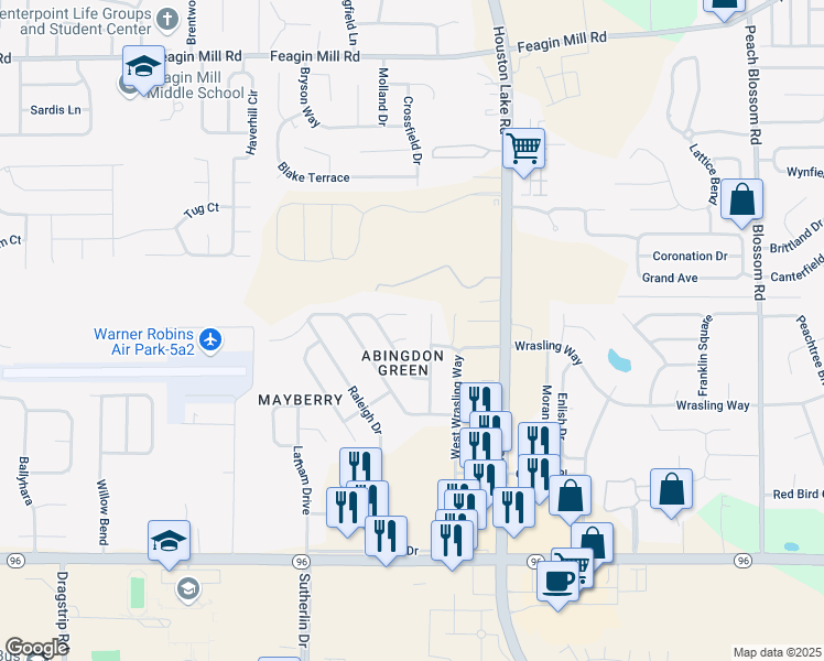 map of restaurants, bars, coffee shops, grocery stores, and more near 303 Carver Court in Warner Robins