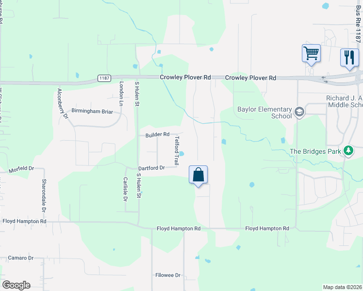 map of restaurants, bars, coffee shops, grocery stores, and more near 1009 Telford Trail in Crowley
