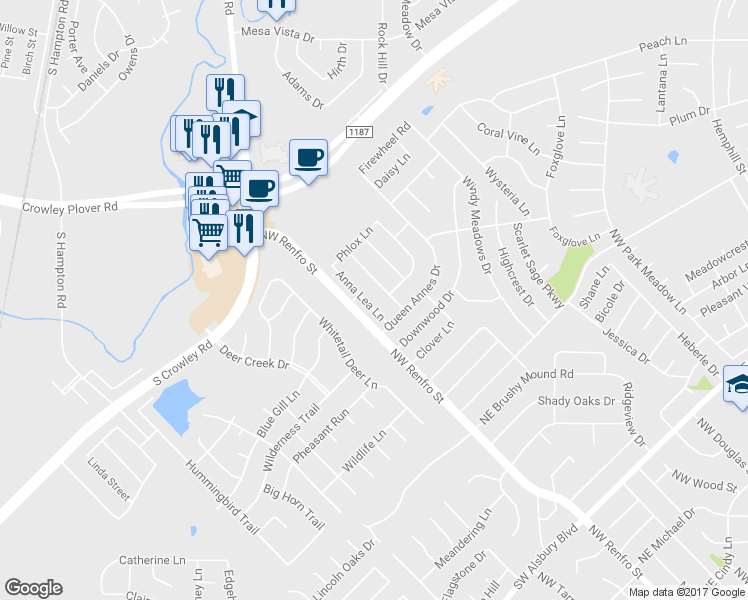 map of restaurants, bars, coffee shops, grocery stores, and more near 1320 Anna Lea Lane in Burleson
