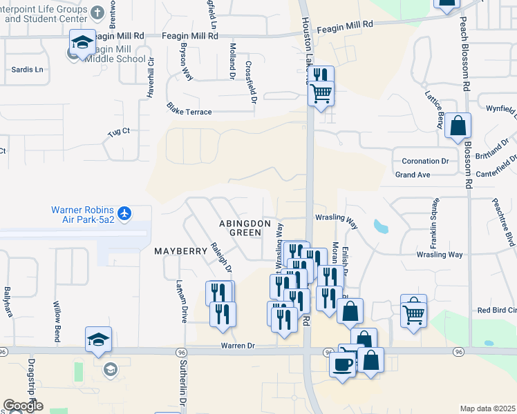 map of restaurants, bars, coffee shops, grocery stores, and more near 303 Carver Court in Warner Robins