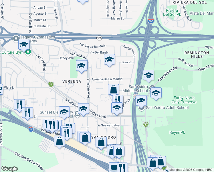 map of restaurants, bars, coffee shops, grocery stores, and more near 1874 Avenida De La Cruz in San Diego