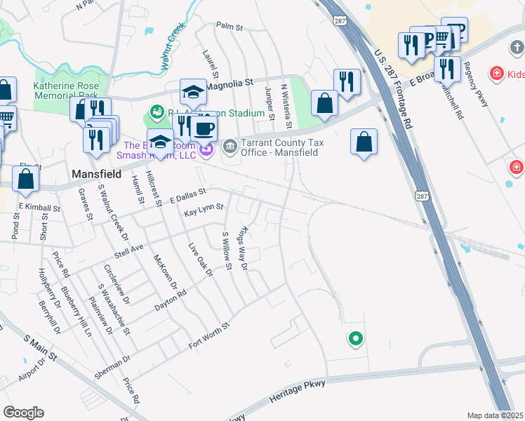 map of restaurants, bars, coffee shops, grocery stores, and more near 303 Kings Way Drive in Mansfield