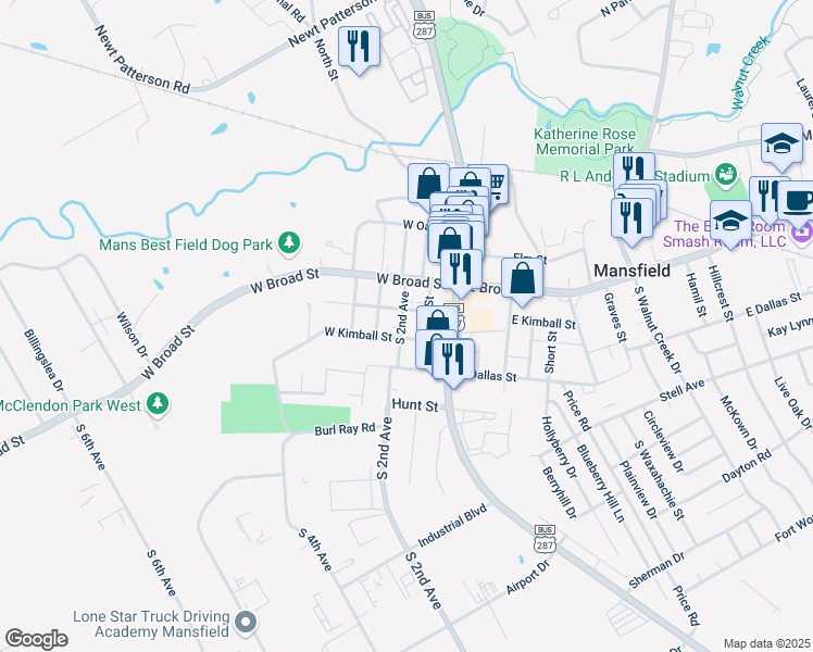 map of restaurants, bars, coffee shops, grocery stores, and more near 205 South 2nd Avenue in Mansfield