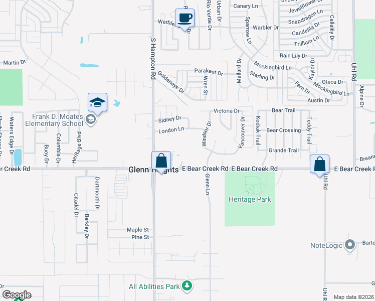 map of restaurants, bars, coffee shops, grocery stores, and more near 151 East Bear Creek Road in Glenn Heights