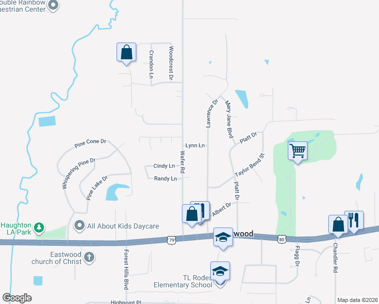 map of restaurants, bars, coffee shops, grocery stores, and more near 1187 Wafer Road in Haughton