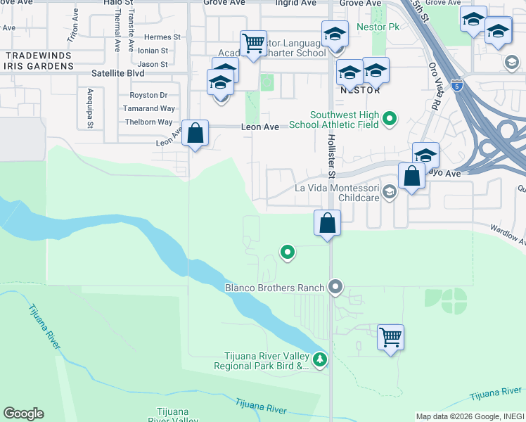 map of restaurants, bars, coffee shops, grocery stores, and more near 1780 Rodear Road in San Diego