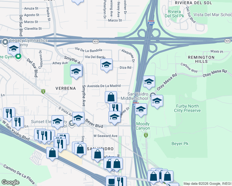 map of restaurants, bars, coffee shops, grocery stores, and more near 1856 Blando Lane in San Diego