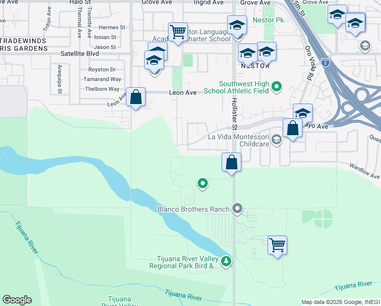 map of restaurants, bars, coffee shops, grocery stores, and more near 1780 Rodear Road in San Diego