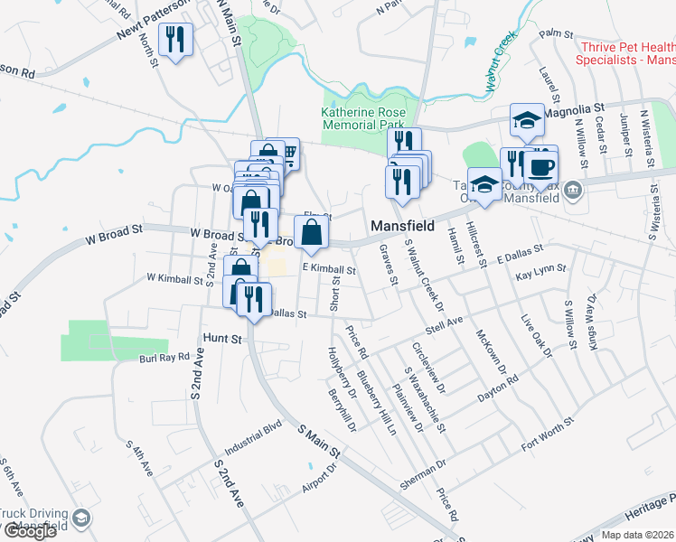 map of restaurants, bars, coffee shops, grocery stores, and more near 408 East Kimball Street in Mansfield