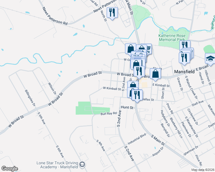 map of restaurants, bars, coffee shops, grocery stores, and more near 404 West Kimball Street in Mansfield