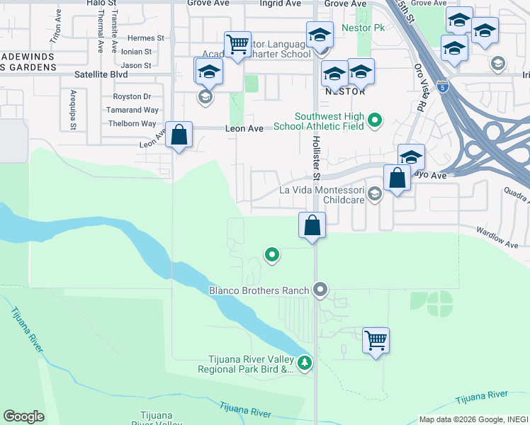 map of restaurants, bars, coffee shops, grocery stores, and more near 2145 Madreselva Way in San Diego
