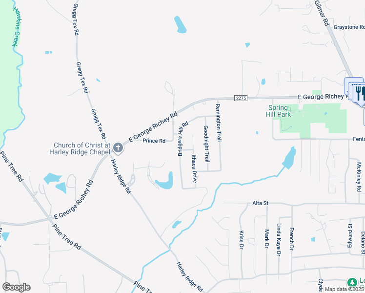 map of restaurants, bars, coffee shops, grocery stores, and more near 107 Marlin Street in Longview