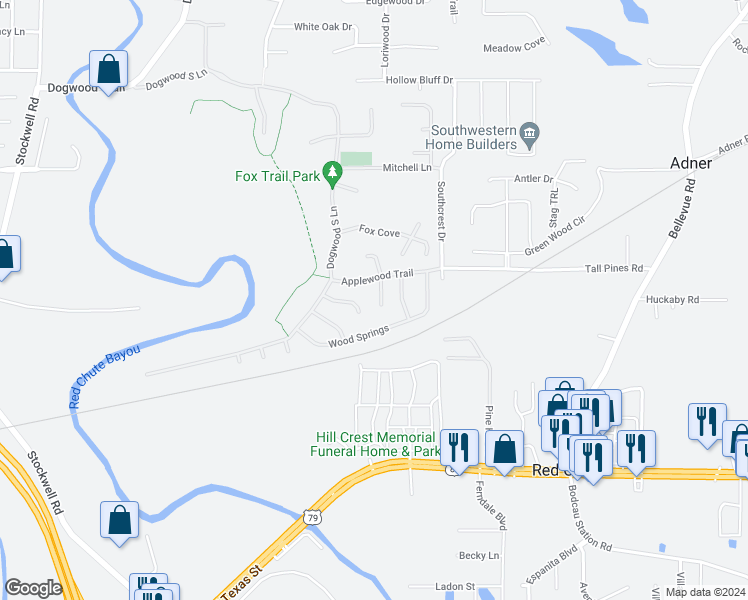 map of restaurants, bars, coffee shops, grocery stores, and more near 406 Blackwood Circle in Haughton