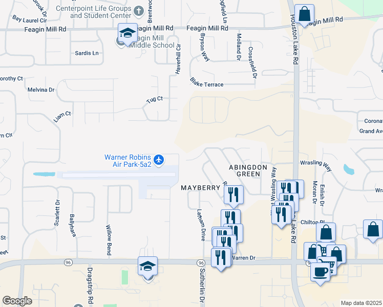 map of restaurants, bars, coffee shops, grocery stores, and more near 508 Minter Drive in Warner Robins