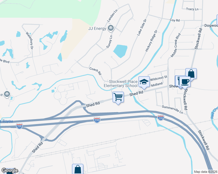 map of restaurants, bars, coffee shops, grocery stores, and more near 5430 Coach Road in Bossier City