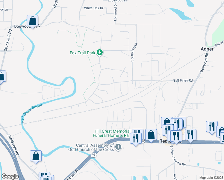 map of restaurants, bars, coffee shops, grocery stores, and more near 406 Blackwood Circle in Haughton