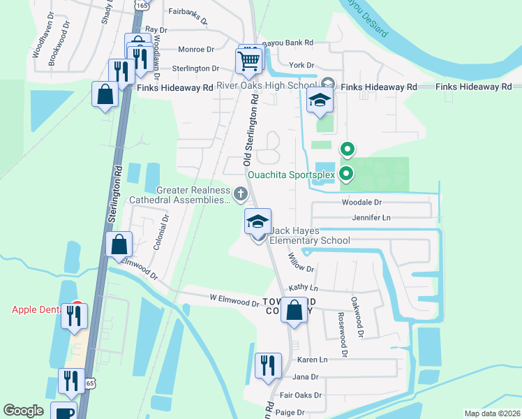 map of restaurants, bars, coffee shops, grocery stores, and more near 3980 Old Sterlington Road in Monroe